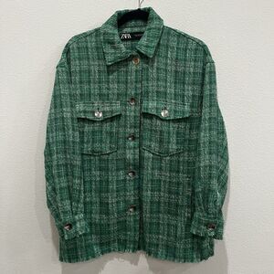 ZARA Woven Plaid Over Shirt Women's S Green Casual Comfy Retro 90s Y2K Boho